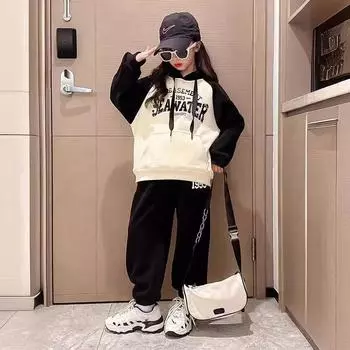 Костюм с капюшоном для девочек 2-12 лет, детский спортивный топ + брюки, свободная модная одежда для девочек на весну и осень 120cm бежевый