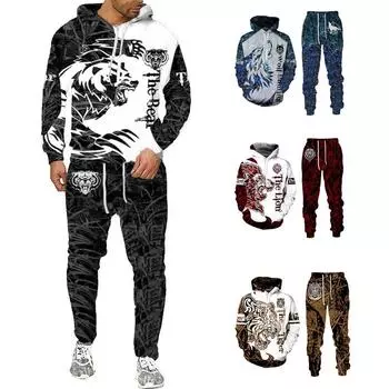 Костюм с капюшоном с 3d принтом волка, осенне-зимний пуловер для мужчин и женщин, комплекты с тигром и львом, винтажный спортивный костюм, толстовка унисекс + брюки, комплект из двух предметов S