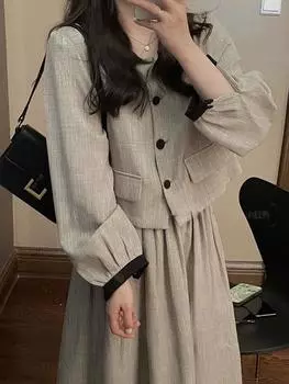 Костюм с лацканами в стиле преппи, длинная юбка, женский, осень-зима, серый, новый, элегантный, тонкий, французский, винтажный, комплект из двух предметов для вечеринки 2024 г. S серый