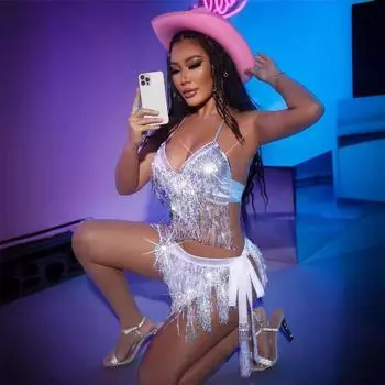 Костюм с пайетками и кисточками для секса one size fits all