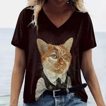 Костюм с принтом кота, женские футболки с v-образным вырезом, пуловер в повседневном стиле, свободная футболка большого размера с короткими рукавами, летняя женская одежда 2024 L
