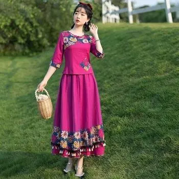 Костюм с принтом в китайском этническом стиле, топ Cheongsam и сетчатая юбка с бахромой, женский комплект из двух предметов 2XL фиолетовый