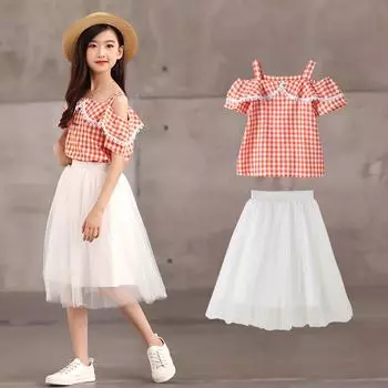 Костюм с юбкой для девочек, летний детский клетчатый топ с лямкой на шее + юбка, костюм из двух частей 110cm