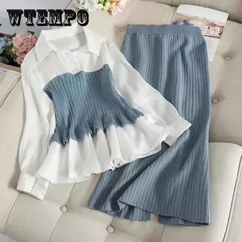 Костюм с юбкой, осенняя рубашка, вязаная юбка, костюм из двух предметов, женский корейский тонкий вязаный низ, свитер, юбка, студенческий костюм XL чёрный