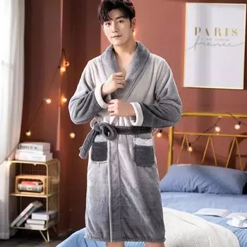 Костюм с воротником, домашняя одежда для пар, женская зимняя толстая теплая пижама, мужской быстросохнущий халат, длинное пальто L серый