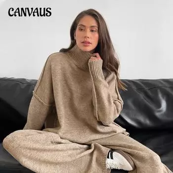 Костюм с высоким воротом, женский осенне-зимний свободный повседневный ленивый утолщенный трикотажный брючный костюм больших размеров S верблюд