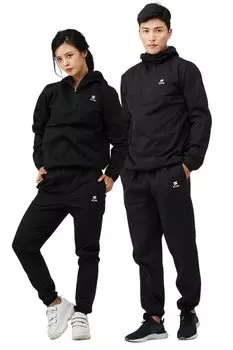 Костюм-сауна для мужчин и диетический костюм, разработанный спортивными тренерами для высоких больших ветровок, комплект из верхней и нижней части [StAn] для женщин, [Сауна для потения] Можно стирать, чёрный