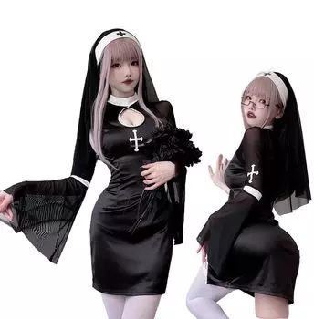 Костюм Сестры на Хэллоуин Cedar Eight Nun, Сексуальный, С открытой грудью, Костюм, Косплей, 2 предмета (M) чёрный