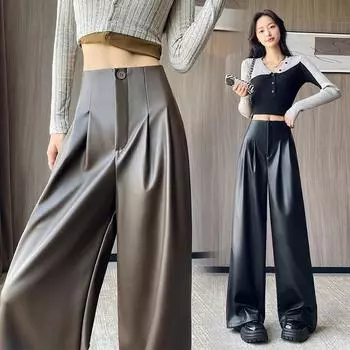 костюм широкие кожаные брюки женские осень и зима новые с высокой талией свободные повседневные широкие брюки из искусственной кожи брюки для мытья полов S