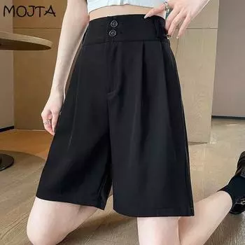 Костюм шорты женские летние тонкие секции с высокой талией повседневные свободные брюки трапециевидной формы с пятью точками и широкими штанинами M белый