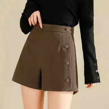 Костюм шорты женские с высокой талией сплошной цвет толстые широкие брюки повседневные брюки S чёрный