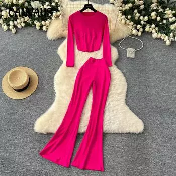 Костюм Spice Girls, женская повседневная спортивная одежда, облегающая футболка с круглым вырезом и длинными рукавами, костюм с тонкими микробрюками и высокой талией One size розы красного