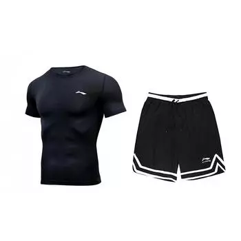 Костюм спортивный повседневный с коротким рукавом, быстросохнущий, удобный, модный, с принтом логотипа Li Ning, унисекс, черный AUDSB29-1+YAPV001-1 M