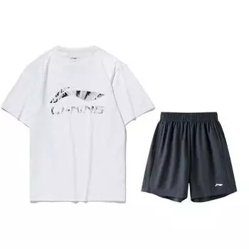 Костюм спортивный повседневный с коротким рукавом и шортами с логотипом Li Ning, мужской, белый/чернильно-серый, ATST631-2+AKST633-3 L