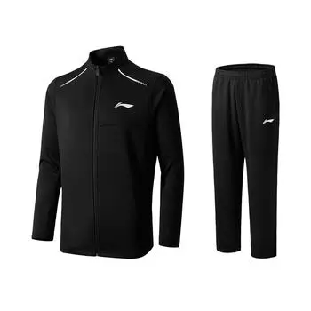Костюм спортивный повседневный унисекс Li Ning с принтом логотипа, стойкой, свободного кроя, на молнии, с длинными рукавами, брюки с эластичной талией, черный AWEV001-1 S
