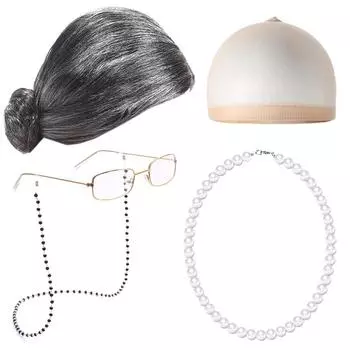 Костюм старой леди для женщин, детей, девочек, взрослых, 100-дневный школьный костюм, серый парик бабушки, очки для косплея на Хэллоуин, аксессуар pony head серый