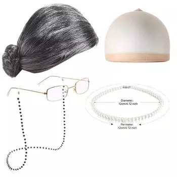 Костюм старой леди для женщин, детей, девочек, взрослых, 100-дневный школьный костюм, серый парик бабушки, очки для косплея на Хэллоуин, аксессуар pony head серый