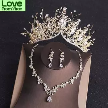 Костюм Свадебные комплекты ювелирных изделий Горный Хрусталь Кристалл Золотая Тиара Корона Серьги Ожерелье Свадебная Невеста Роскошный Комплект Ювелирных Изделий