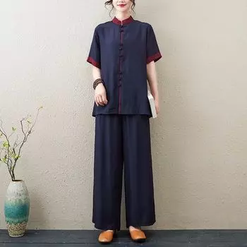 Костюм Тайцзи для женщин, ретро-литературный костюм для йоги XL темно-синий