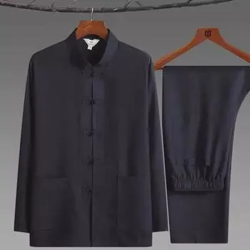 Костюм Тан для мужчин среднего и пожилого возраста — рубашка и брюки в китайском стиле ханьфу с длинными рукавами (Весна/Лето, Тайцзи) 4XL