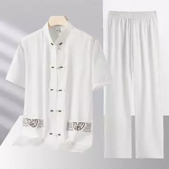 Костюм Тан для среднего и пожилого возраста, костюм из двух частей из ледяного шелка с короткими рукавами в китайском стиле 185 темно серый