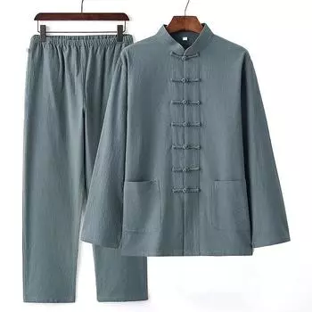 Костюм Тан, мужской буддийский китайский стиль, одежда в китайском стиле, хлопковый льняной костюм, старинный стиль, двухсекционная одежда на весну и осень, эластичный пояс S чёрный