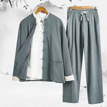 Костюм Тан, мужской костюм-тройка из хлопка и льна, старинный костюм, костюм для медитации, китайский стиль, весенний, летний и осенний этнический костюм ханьфу XXXXL чёрный