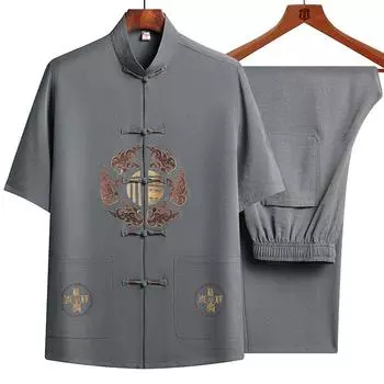 Костюм Тан, мужской летний брючный костюм с короткими рукавами и вышивкой в китайском стиле, повседневный дышащий винтажный мужской комплект из двух предметов 3XL