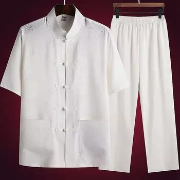 Костюм Тан, мужской повседневный костюм с короткими рукавами, летняя одежда для пап, людей среднего и пожилого возраста, летняя мужская одежда для дедушек в китайском стиле Ханьфу XXXXL белый