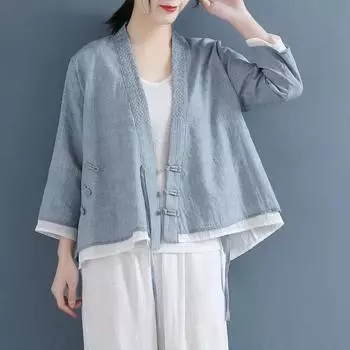 Костюм Тан в этническом стиле, летняя рубашка с вышивкой на пуговицах, женская рубашка с рукавом три четверти, однотонный кардиган с вышивкой, блузка в китайском стиле, женская XXXL белый
