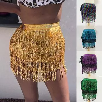 Костюм танцовщицы живота, женская сексуальная юбка с блестками и кисточками, Клубная бандажная поясная цепочка, мини-юбка One Size чёрный/красный