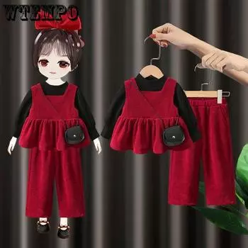 Костюм-тройка для девочек, корейский жилет + свитер + брюки, комплект из трех предметов, повседневный сплошной цвет, модные широкие брюки, весна и осень 120 коричневый