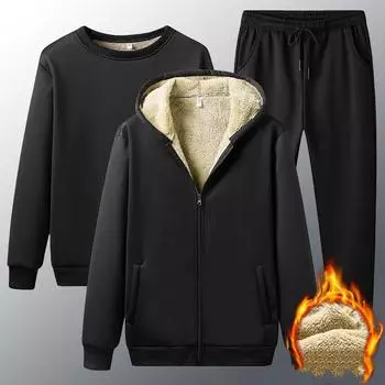 Костюм-тройка из искусственного овечьего флиса, свитер, кардиган, брюки, теплый утепленный свободный спортивный костюм с капюшоном на осень и зиму XS