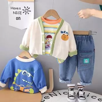 Костюм-тройка из свитера и кардигана с длинными рукавами для мальчиков на весну и осень 2023 года 110 cm