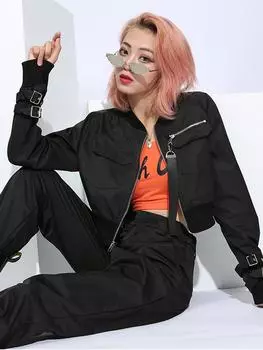 Костюм Укороченные топы Брюки Женские комплекты из двух предметов Уличная куртка с пряжкой Брючные костюмы Женские костюмы L чёрный