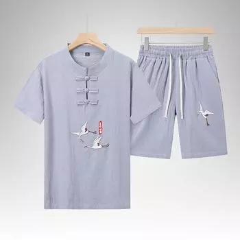 Костюм в китайском стиле, мужская летняя футболка Hanfu с короткими рукавами, хлопковые и льняные брюки с пятью точками, повседневные спортивные костюмы в китайском стиле для среднего и пожилого возраста 5XL чёрный