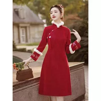 Костюм в китайском стиле плюс бархатное и утолщенное темпераментное платье Cheongsam, комплект из двух предметов 2XL красный