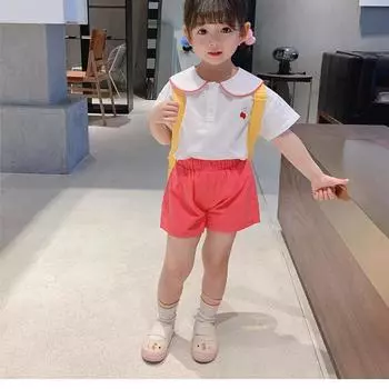 Костюм в консервативном стиле для девочек, детские брюки с короткими рукавами и принтом фруктов, детский костюм из двух предметов 80cm красный