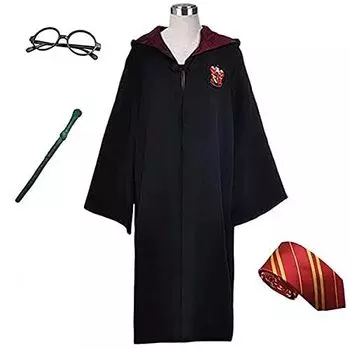 Костюм в стиле Гарри Поттера, набор из 4 предметов, очки в стиле Гриффиндора, галстук, магия, костюм унисекс [RinMart] (Халат + + + Жезл) (135)