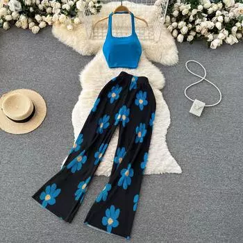 Костюм в стиле ретро для горячих девушек, женский короткий вязаный топ с бретелькой на шее + повседневные брюки из ледяного шелка с принтом, широкие брюки, комплект из двух предметов