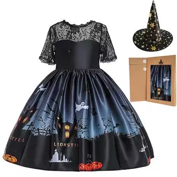 Костюм ведьмы на Хэллоуин, выступление, Санта-Клаус, косплей для детей младшего школьного возраста [Aywyl] Одежда, комплект из 2 предметов и шляпа, дети, девочки, чёрный