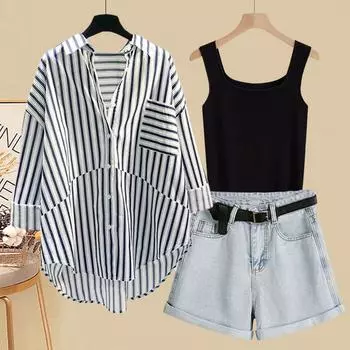 Костюм весна-лето женский вариант солнцезащитная рубашка утягивающий жилет утягивающие универсальные джинсовые шорты комплект из трех предметов S чёрный/серый