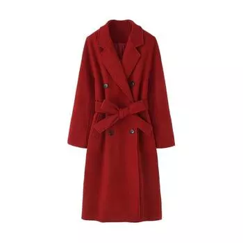 Костюм воротник красное пальто для женщин новый зимний ремень длинный шерстяной пиджак S