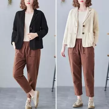 Костюм Yousheng осень-весна, пальто с отложным воротником, свободный кардиган с длинными рукавами, однотонный, с двумя пуговицами, повседневная куртка M абрикосовый