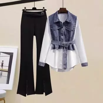 Костюм женская мода плюс размер джинсовая рубашка с микро-притертыми брюки костюм из двух предметов 4XL