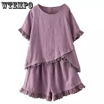 Костюм женский, футболка из искусственного хлопка и льна, топ с короткими рукавами, широкие шорты, комплект из двух предметов, свободный повседневный костюм большого размера, домашний сервис XXL