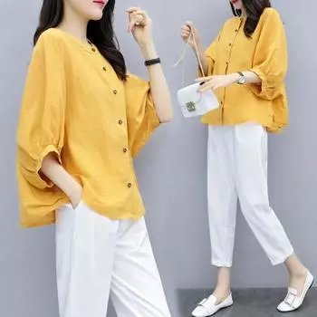 Костюм женский летний свободный и тонкий с рукавами летучая мышь блузка женская темперамент модная рубашка с круглым вырезом XXXL чёрный