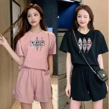 Костюм женский, летний, в гонконгском стиле, Ins Tide, шорты с короткими рукавами, студенческий свободный женский костюм из двух предметов для спорта и отдыха 4XL чёрный