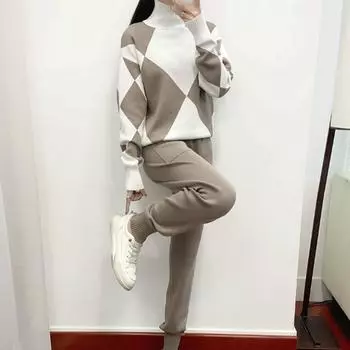 Костюм женский осенне-зимний повседневный трикотажный клетчатый свитер брюки костюм из двух частей 2XL чёрный