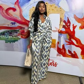 костюм женский с принтом повседневный весенне-осенний рубашка с длинными рукавами брюки женский комплект из двух предметов S